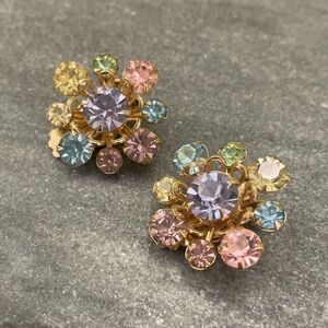 Vintage Pastel Rhinestone Clip On Earrings